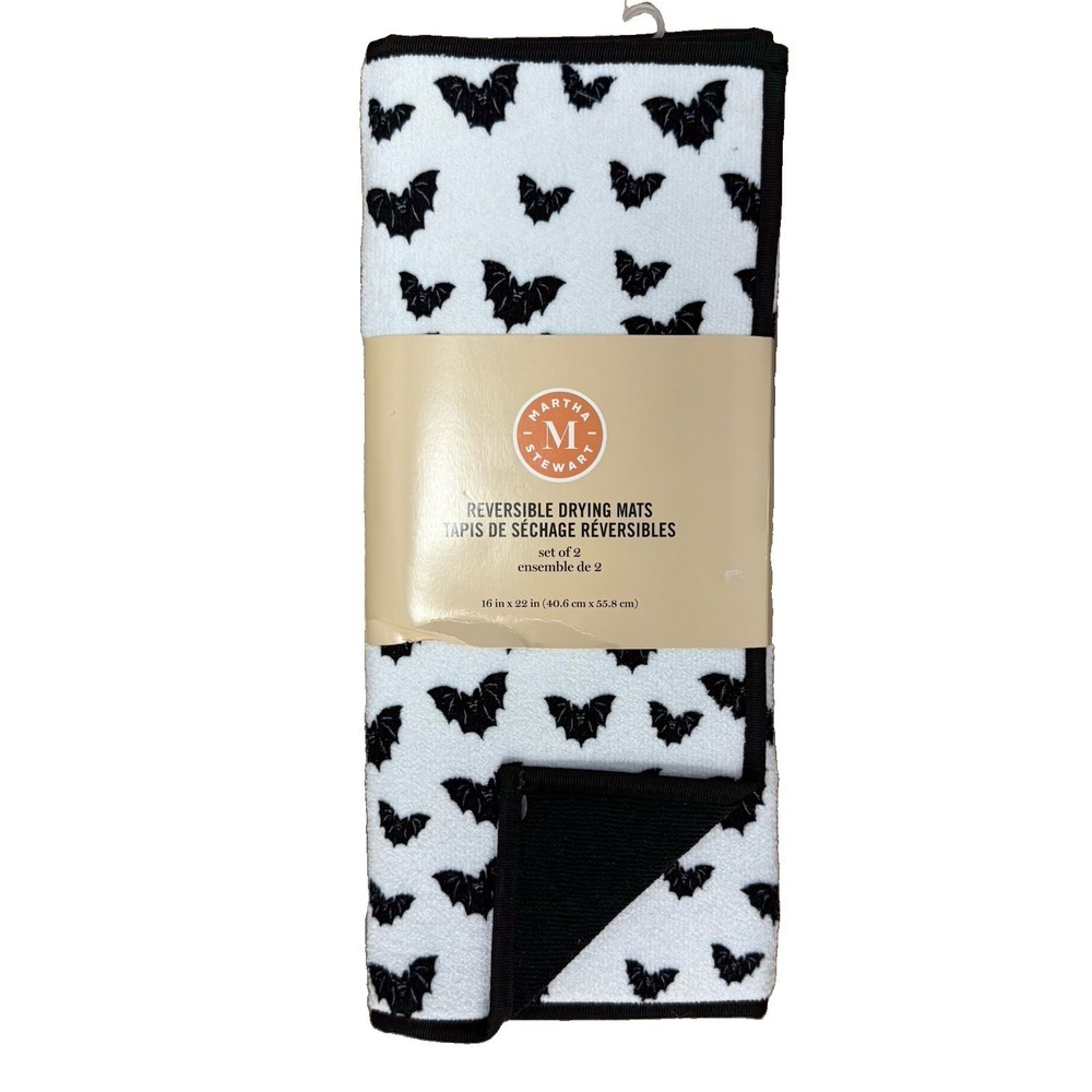 New Martha Stewart Kitchen Dish Drying Mat 2 Pk Halloween 16" x 22" Black Bats